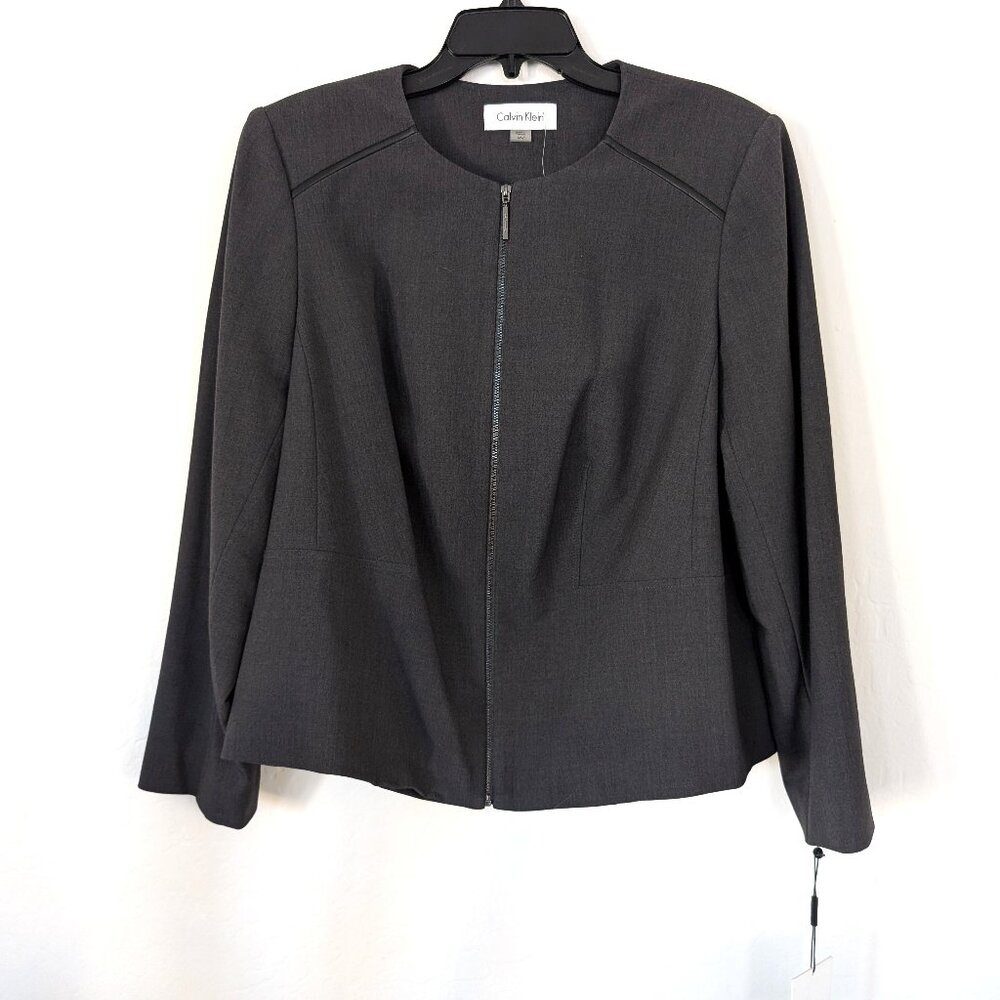 CALVIN KLEIN Women's Blazer 16W Gray Cha Zip Lined Long Sleeve Office Classic